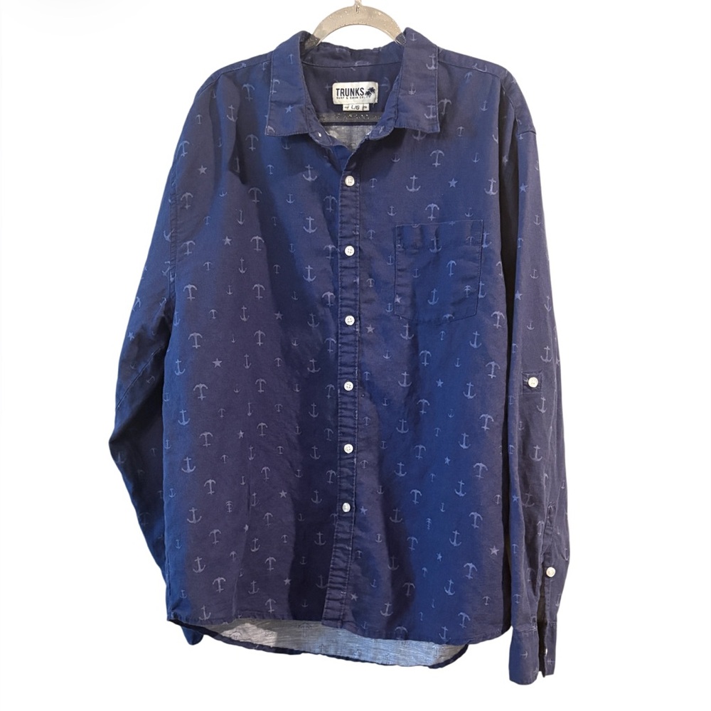 Trunks Surf & Swim Co Anchor Print Button Down Shirt Navy Beach Coastal Large